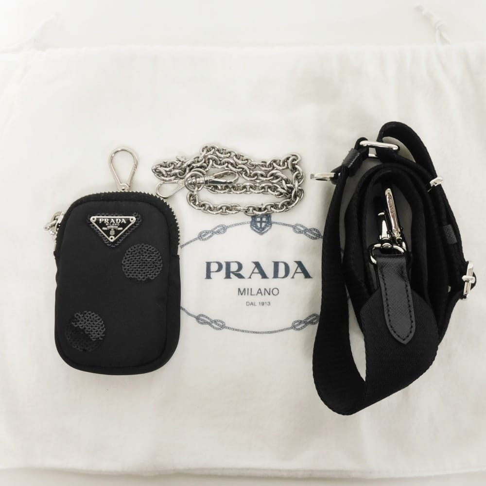 Used 11569 Re-Edition 2005 Re-Nylon Polka Dot Bag 1BH204 7921 Sequin Chain Triangle Logo Black Women's from Japan