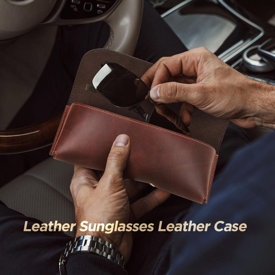 Retro Genuine Leather Sunglasses Case - Crazy Horse Cowhide Travel Glasses Storage Box