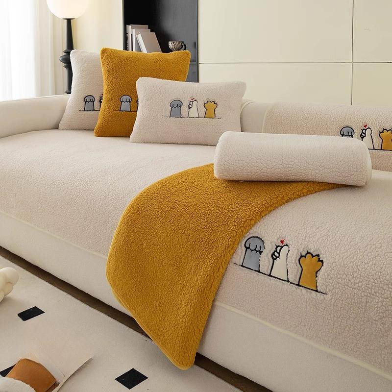 Lambswool Sofa Cushion Thickened Warm Winter Plush Cushion Simple Modern Non-Slip Leather Sofa Cover Cover Cloth