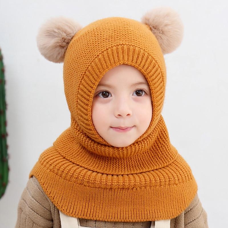 Koreaanse Stijl Kinder Dubbele Pompon Oorflappen Hoed & Eendelig Sjaal Set (Herfst/Winter 2025 Collectie)