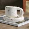1Set 350ml Ceramic Coffee Chubby Mug Saucer Set Creative Cute Fat Handle Cup with Saucer for Office and Home Room Decor