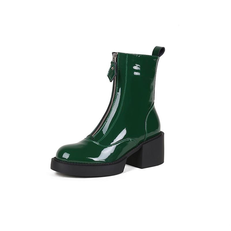 

Meotina Жіноче взуття Коров яча лакована шкіра Ботильйони Чоботи з круглим носком на товстому високому каблуці Жіночі черевики на блискавці Осінь Зима Чорно-зелені 39 зелений