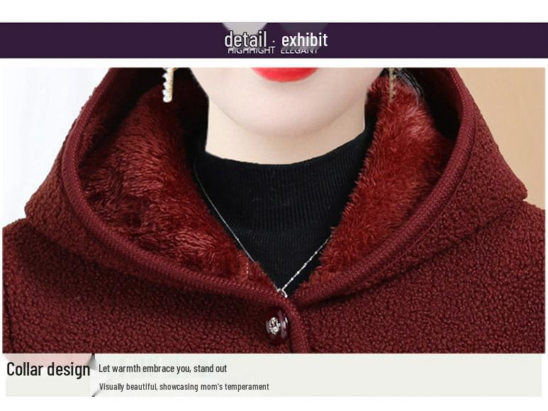 Women's Winter Fleece Jacket: Hooded, Thick, Warm Wool Blend Coat for Middle-Aged and Elderly