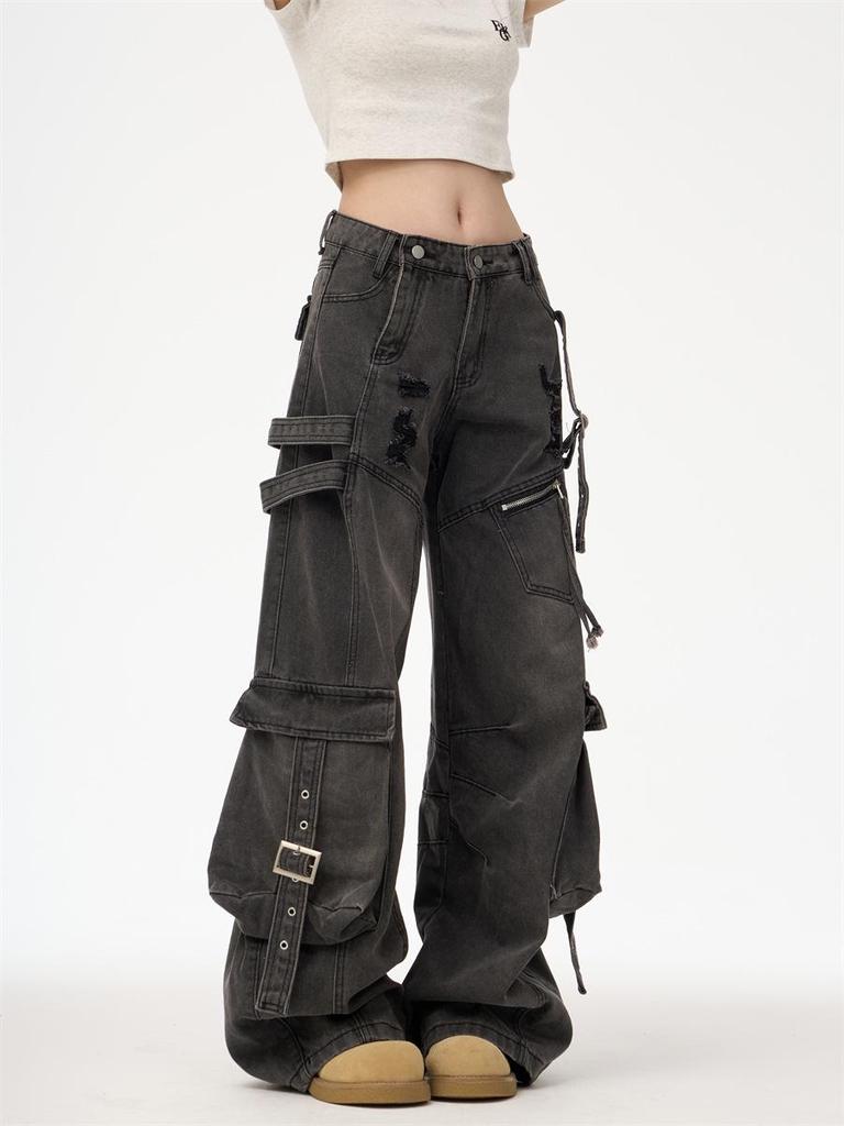 Unisex Multi-Pocket Wide Leg Ripped Denim Jeans - Trendy American High Street Style