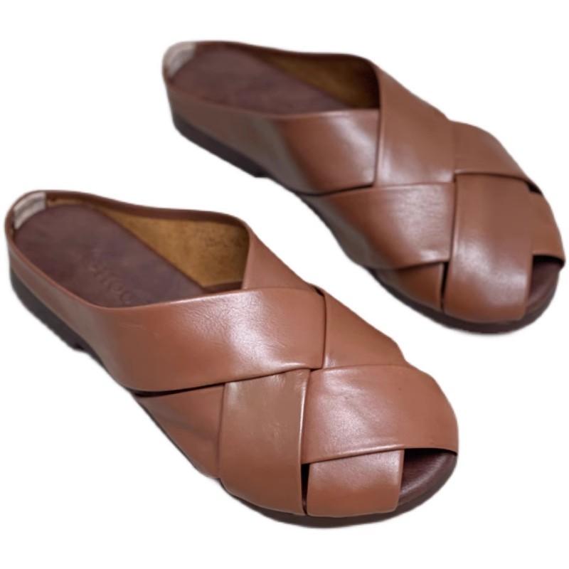 Fashion GKTINOO Genuine Leather Woven Round Toe Slippers 2025 Summer New Women Shoes Casual Outside Slides Comfort Flats Slippers