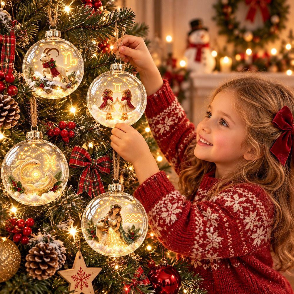 Clear Round Shape Zodiac Ball Ornament Warm Light Zodiac Hanging Decoration Christmas Tree Decor