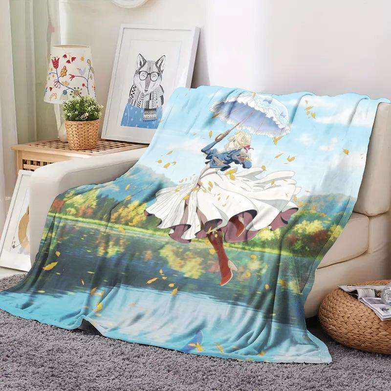Violet Evergarden Anime Flannel Throw Blanket, Soft Blanket for Sofa Bed, Anime Girl Umbrella Landscape Print Home Decor
