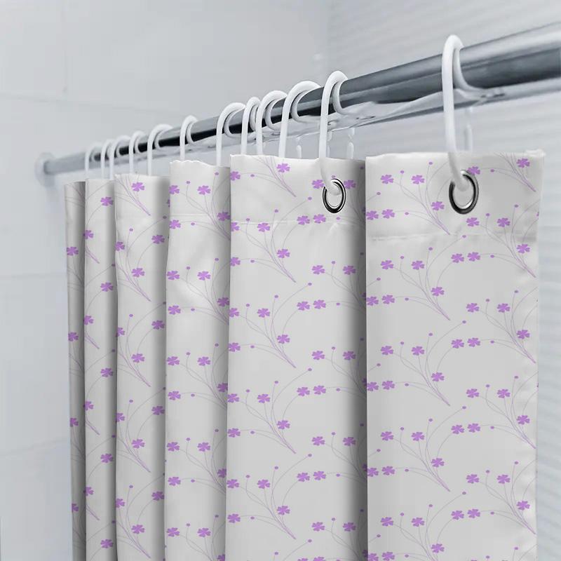 Purple Flowers Shower Curtain Printed Water Repellent Bath Room Decor Waterproof Plastic Fabric White Background