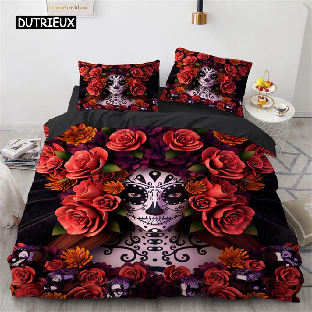 

Пододеяльник с черепом, красная роза, скелет, королева, цветочный скелет, традиционный мексиканский Хэллоуин, двойной королевский королевский полиэстеровый стеганый чехол US Queen(228x228cm) золотой