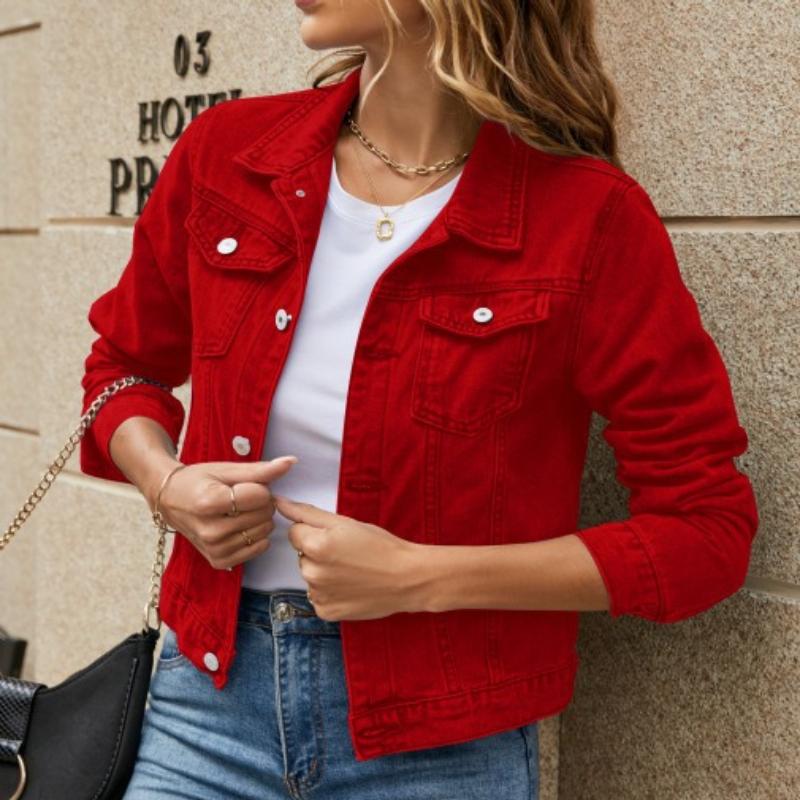 Kadın Denim Ceketler Moda Kadın Rahat Uzun Kollu Yaka Katı Düğme Aşağı Göğüs Cep Ince Jean Ceket Güz Kış Ceket