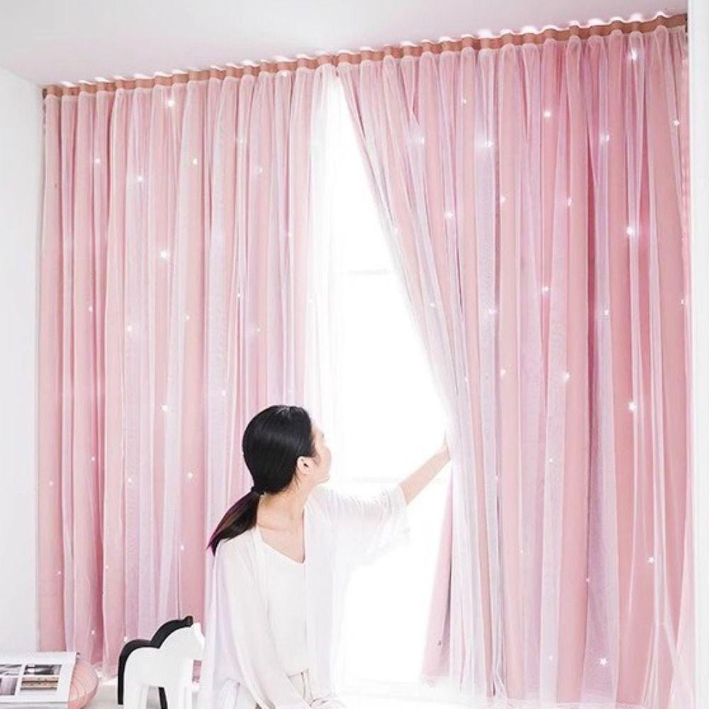 1 Pc Non-perforated Hollow Star Curtain Self-Adhesive Washable Bedrroom Curtain Detachable Double Layer Stars Blackout Curtains