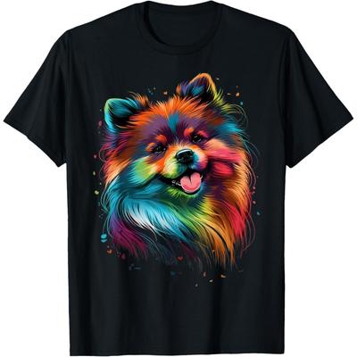 Cute Pomeranian Dog Face Colorful Art Puppy Face Black Men Women Kids T-Shirt