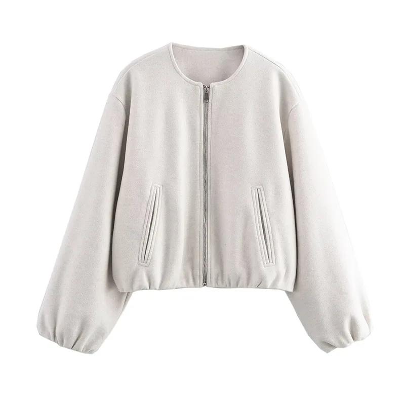 Cappotto di Lana Tinta Unita con Zip Moda Donna Manica Lunga Girocollo Giacca Bomber da Donna Autunno Caldo Tasca Capospalla Corto Chic da Strada Femminile