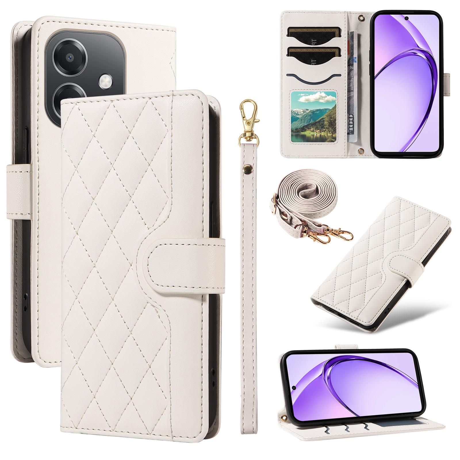 

Для Oppo A5x 5G/A3x 4G/5G (Индия)/A3 4G/5G/A60 5G/A40 4G/A40M 4G Чехол-кошелек из ромбовидной кожи, чехол для телефона с ремешками White