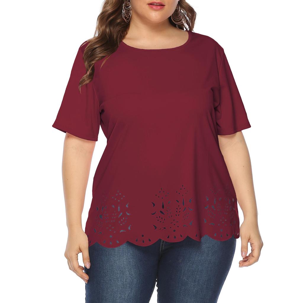 T-shirt Casual Feminina Plus Size Cor Sólida Borda Ondulada Burnout Vazado Manga Curta