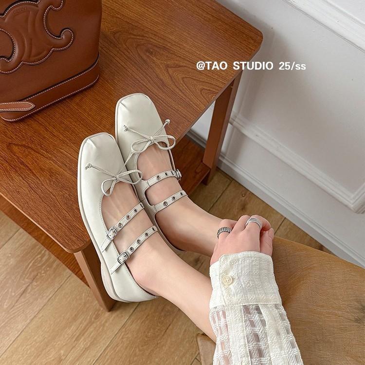 Giant soft bow shallow mouth single shoes 2025 spring sheepskin double breasted bow Mary Jane shoes
