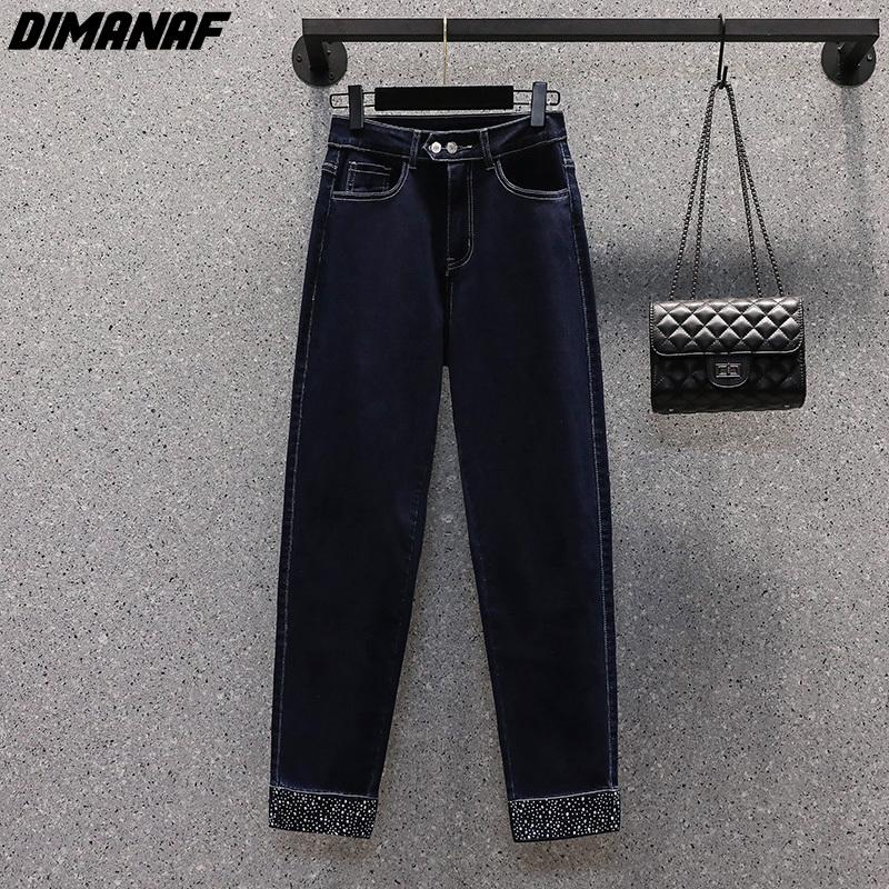 DIMANAF Plus Größe Frauen Herbst Jeans Feste Hosen Harem Denim Weibliche Elastische Grundlegende Blau Hohe Taille Hose Oversize Mode Neue Hosen 4XL 5XL