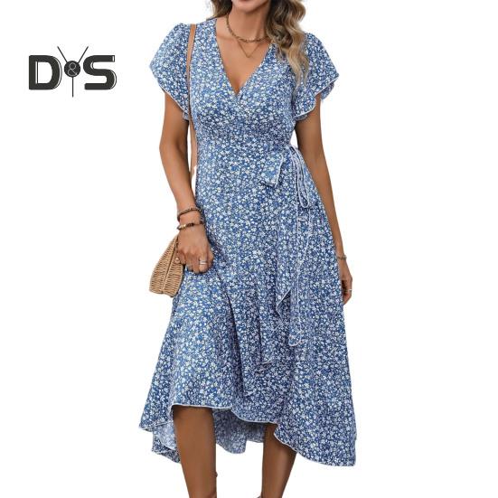 Summer Floral Maxi Dress for Women V Neck Short Sleeve Ruffle Hem Wrap Dress Boho Casual Split Flowy Beach Long Dress