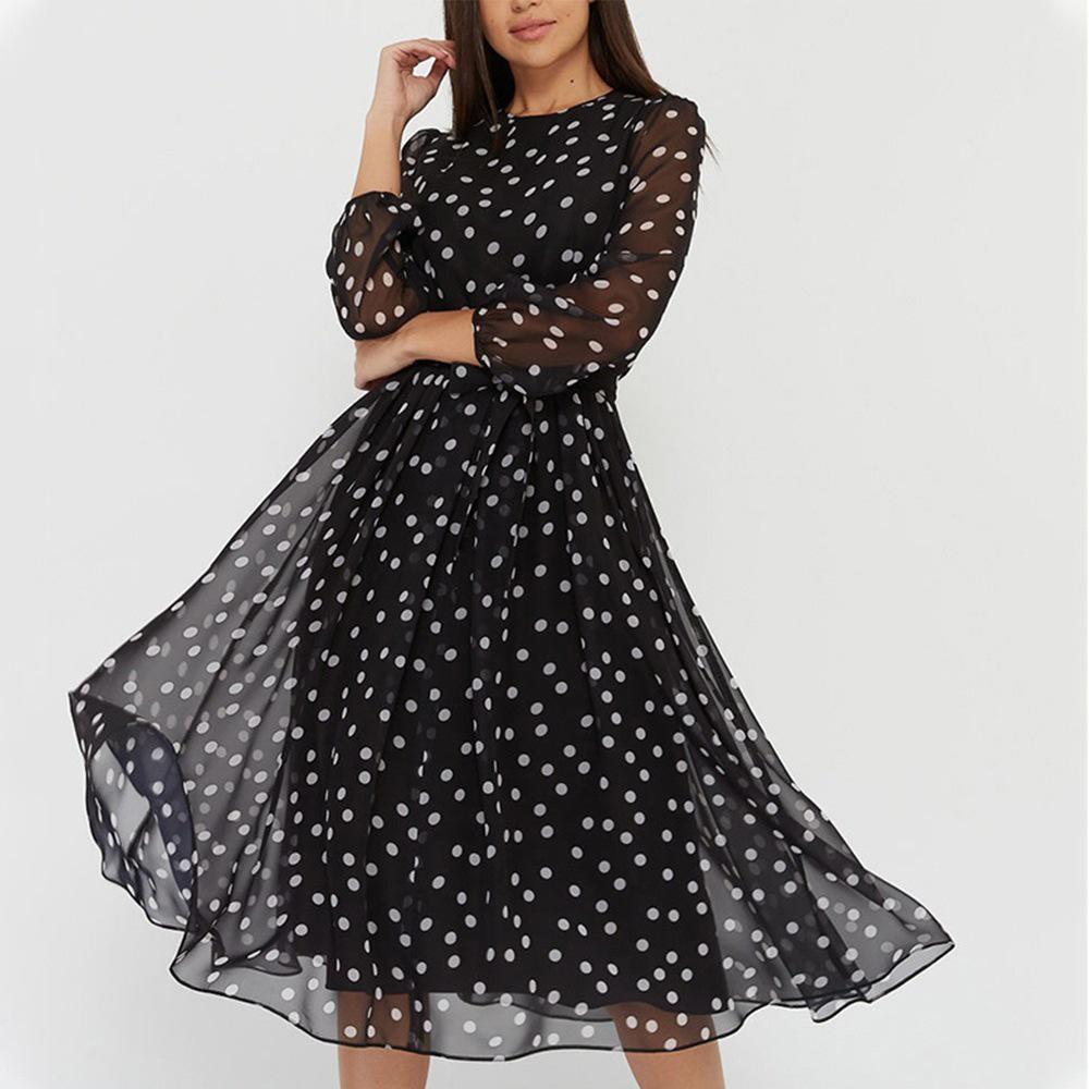 2023 Spring/Summer Chiffon Dress: Long Sleeve Coffee/Black Polka Dot Lace Print L чёрный