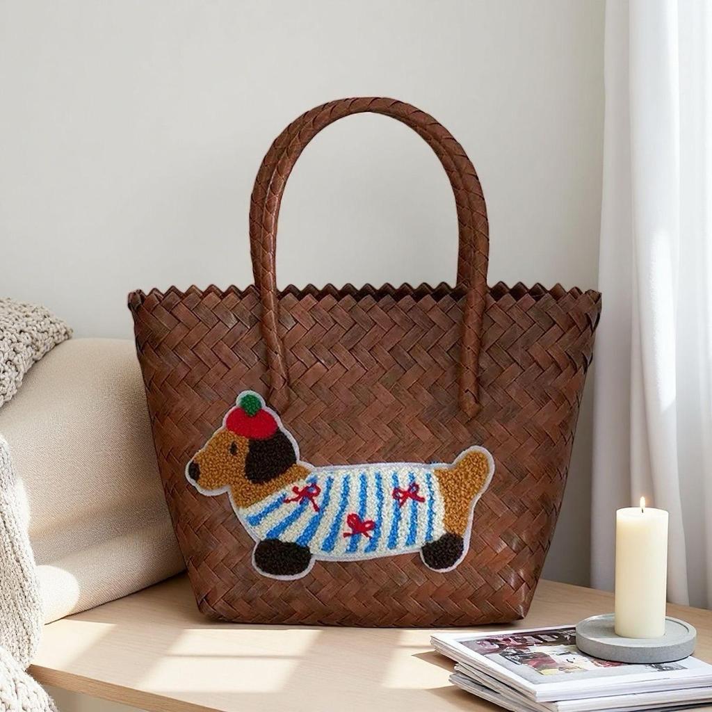 Dackel Welpe Gewebte Handtasche mit Bambusgriff Vintage Strandtasche