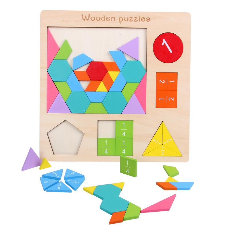 Montessori Children s Wooden Geometric Shapes Puzzle Playboard - Tangram Educational Toy for Color Recognition
