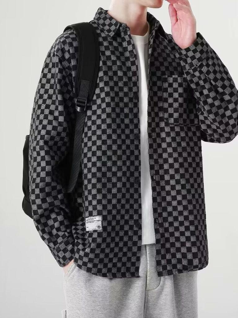 Men's Plaid Denim Jacket - Casual Loose Fit, Long Sleeve, Plus Size, Trendy Fall/Spring Style.