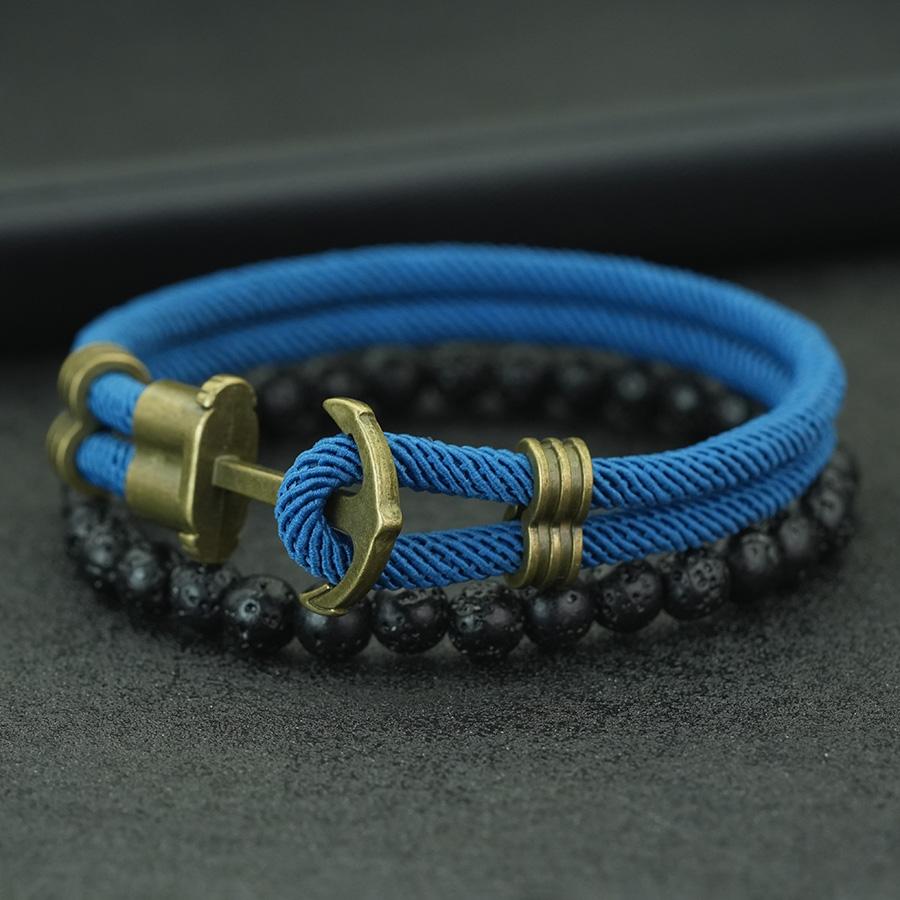 2Pcs Retro Anchor Bracelet For Men 6mm Natural Lava Stone Braslet Set Pulseria Hombre Nautical Wrap Rope Braclet Leisure Jewelry