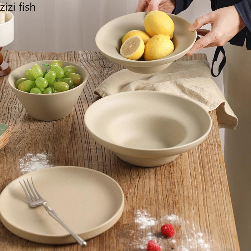 Coarse Pottery Fruit Plates Ceramic Salad Bowl Grass Hat Bowl Pasta Dish Soup Plate Steak Plates Sushi Plate Snack Bowls Dish