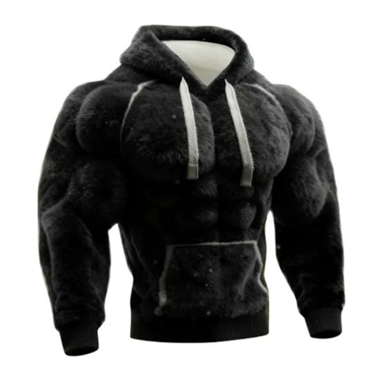 Yousheng Men Muscle Hoodie 3D Pattern Fuzzy Pullover Muscular Long Sleeve Warm Hooded Sweatshirt for Casual Sports Streetwear Fashion