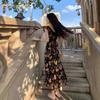 French Style Retro Floral Dress Women's Summer New Flying Sleeve Tight Waist Slimming A- Line Long Dress