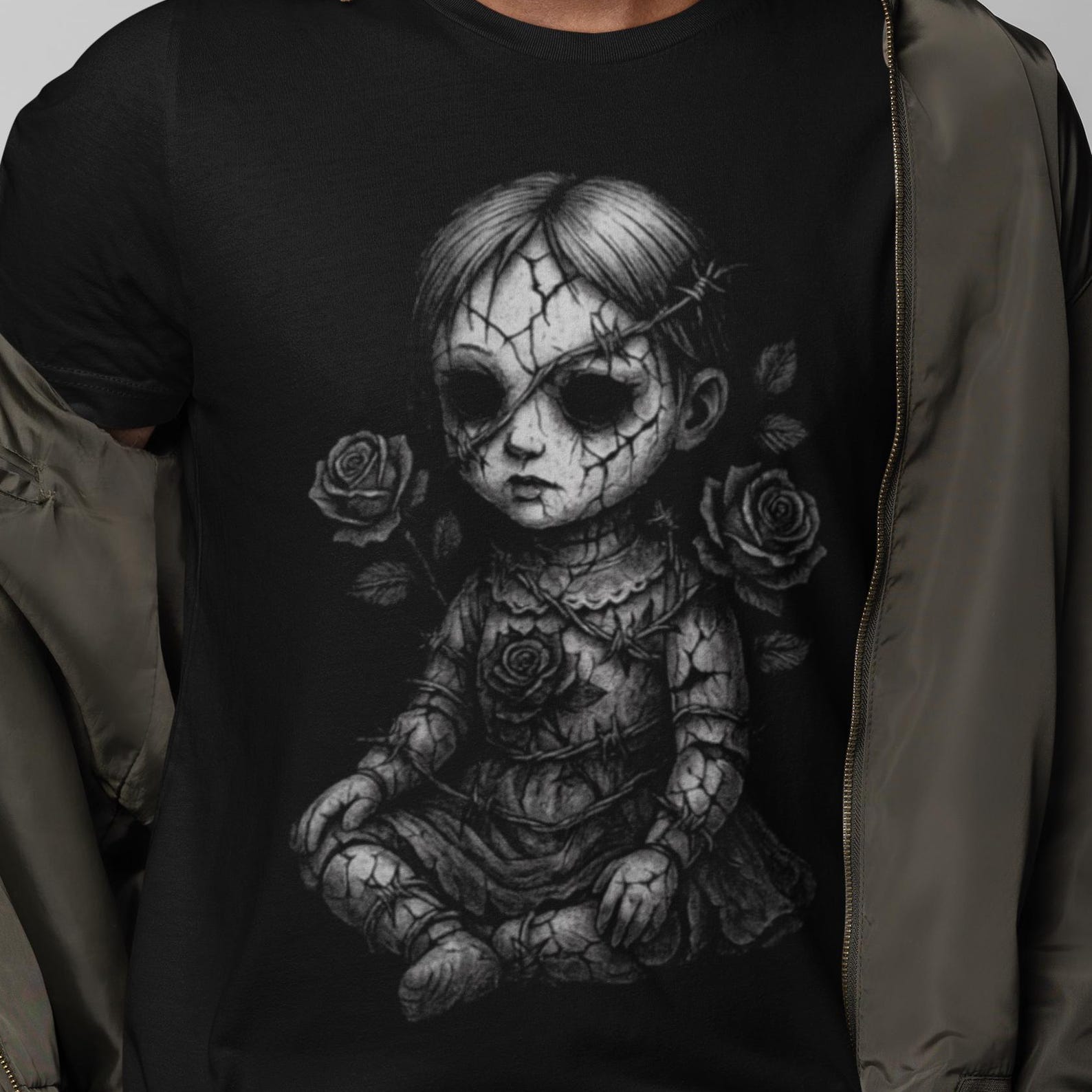 Broken Doll Gothic T-Shirt | Creepy Porcelain Rose Tee | Dark Horror Art Shirt | Bella Canvas XS to 5XL XL