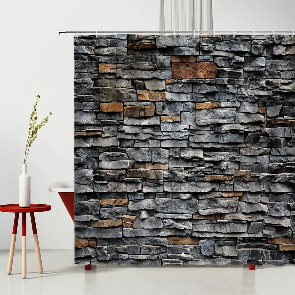 3D Printing Brick Pattern Shower Curtains Set Vintage Stone Brick Wall Polyester Fabric Hanging Curtain Bathroom Curtain Hooks