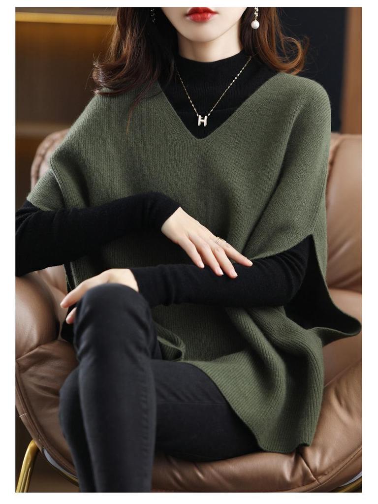 2025 Spring Loose V-Neck Drop Shoulder Vest - Solid Color Casual Sleeveless Sweater