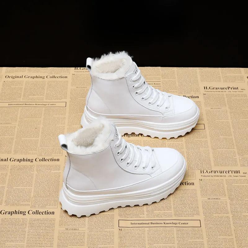 Fashion 7CM Genuine Leather Ankle Boots Casual Chunky Sneakers Winter Plush Boots Spring Autumn Platform Wedge Hidden Heel Women Shoes