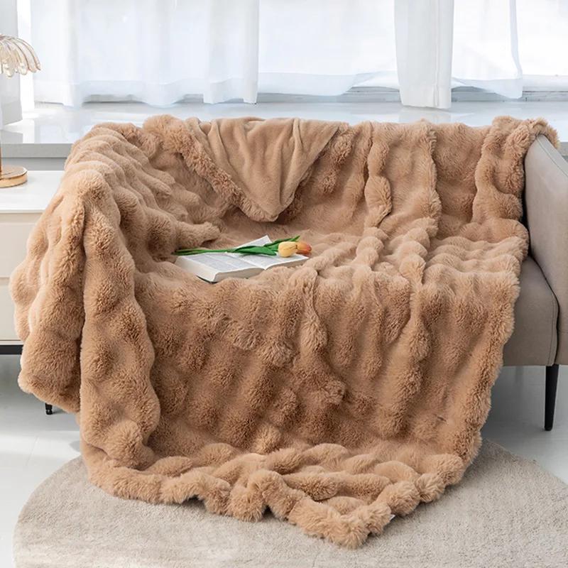 Ins Solid Color Faux Rabbit Fleece Blankets Fluffy Soft Warm Throw Blanket Nap Blanket For Couch Sofa Office Bed Camping Travel