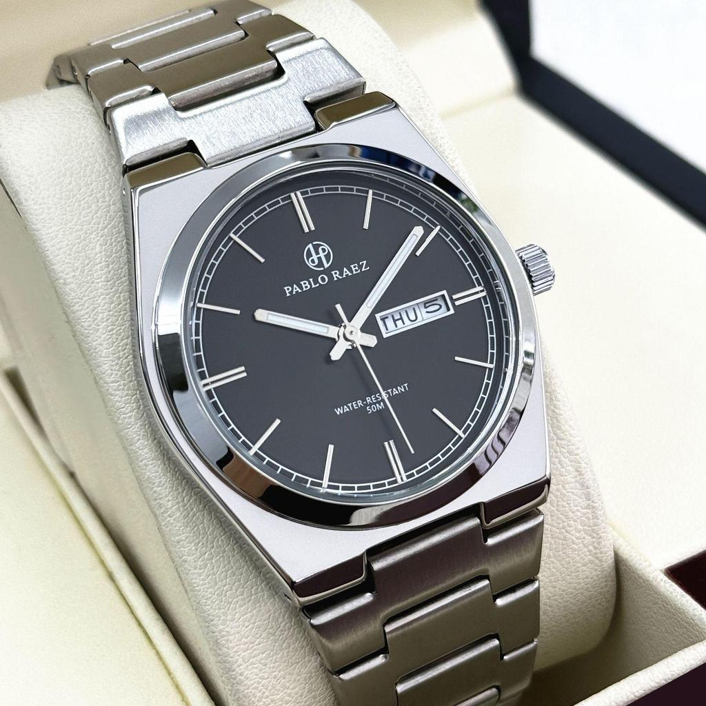 PABLO RAEZ Steel Band Men's Wristwatch with Double Calendar and Butterfly Buckle - Stylish & Trending Casual Business Watch