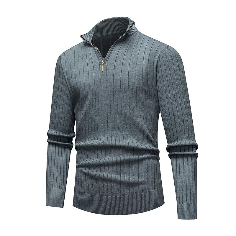 Men's European-American Half-Zip Solid Color Knit Sweater with Vertical Stripes