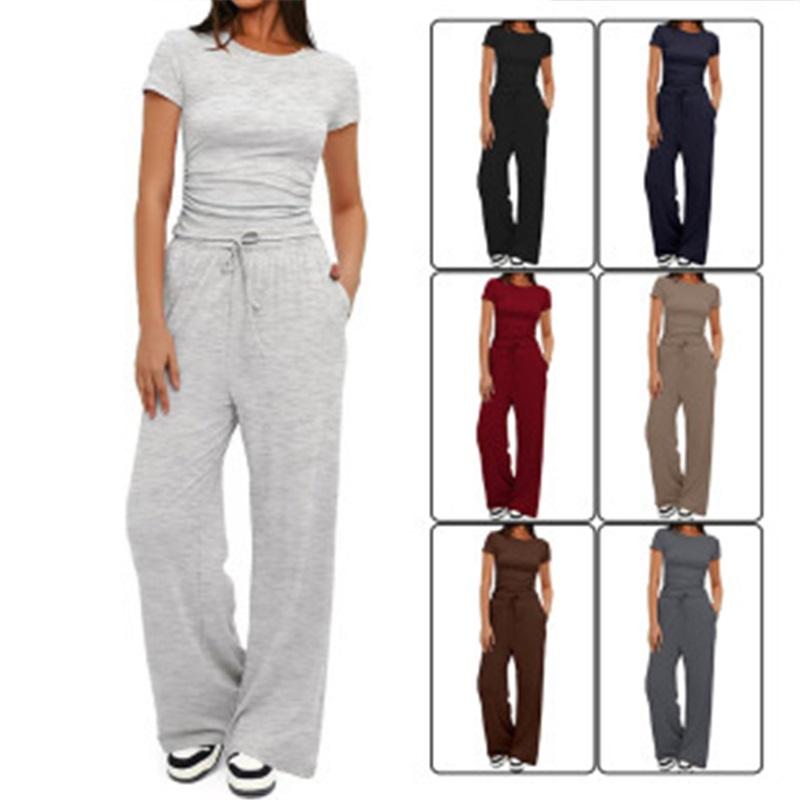 Women's 2 Piece Outfit Short Sleeve T-Shirt Wide Leg Pants Casual Tracksuit