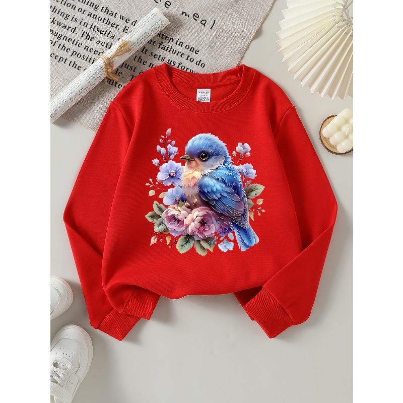 European sizes Blue Bird Floral Design Girls' Crew Neck Fashion Sweatshirt, Western Top, Children's Long Sleeved Casual Tee