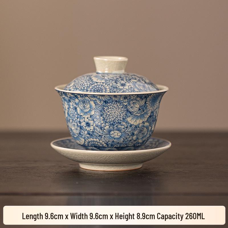 Blue and White Porcelain Ru Kiln Tea Set – Retro Lidded Bowl Tea Cup with Blossoms, Anti-Scald Design for Brewing Tea