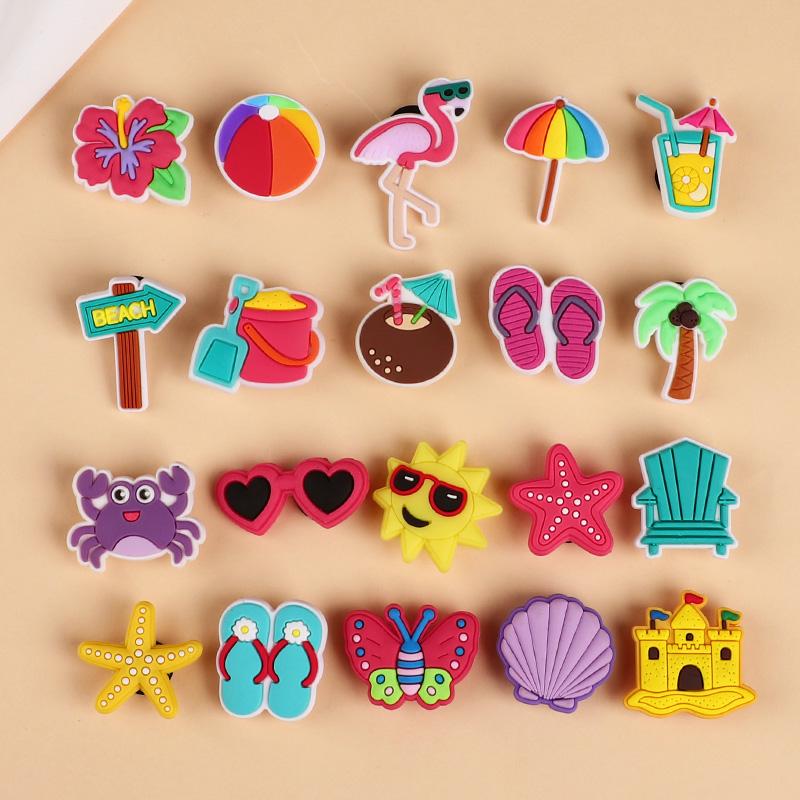 20pcs Summer Beach Theme Shoe Charms Flamingo Coconut Tree Aloha Hawaiian Birthday Party Decoration PVC DIY Shoe Bracelets Gifts
