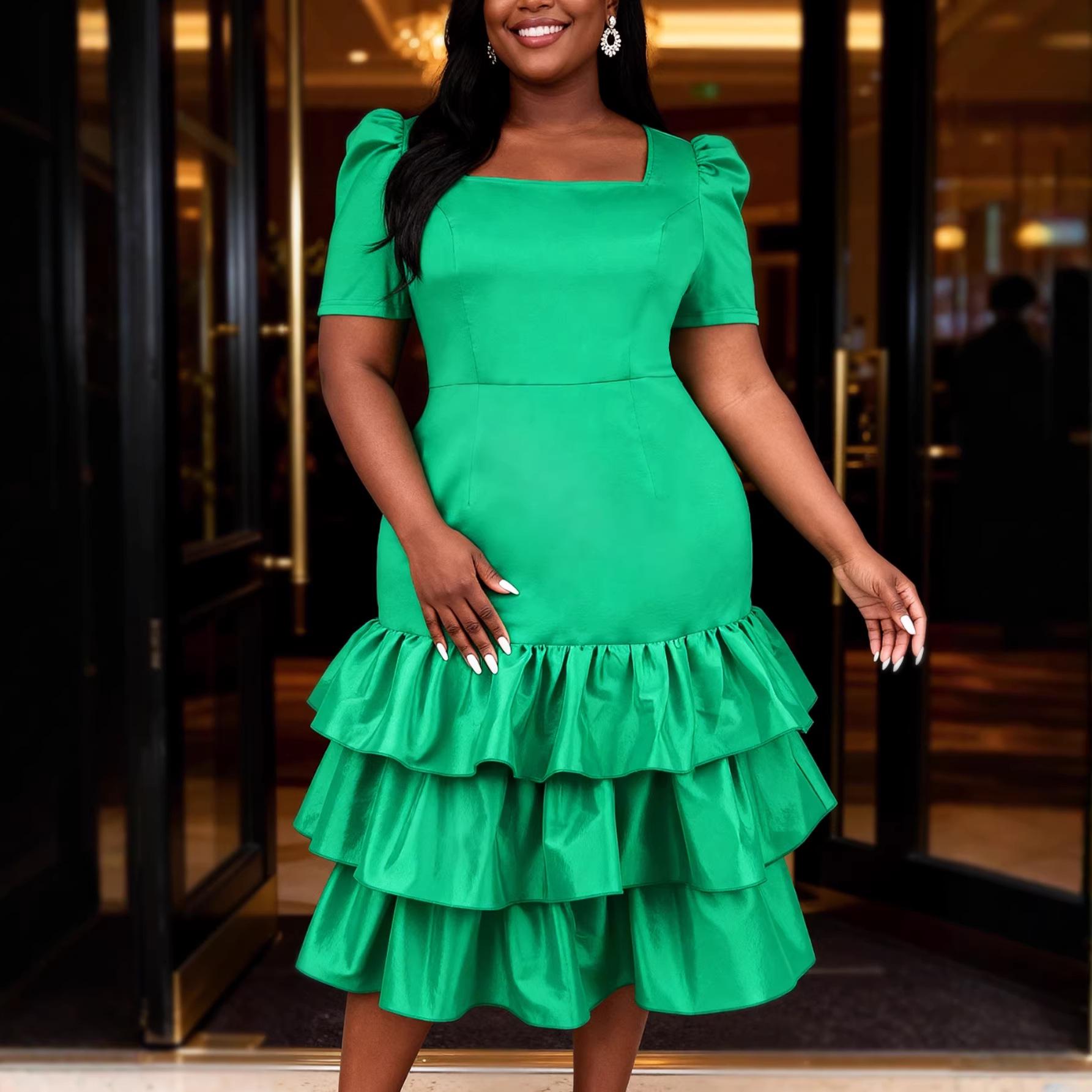 

Plus Size Square Neck Puff Sleeve Dress with Slimming Ruffles for Banquet and Parties 0XL
