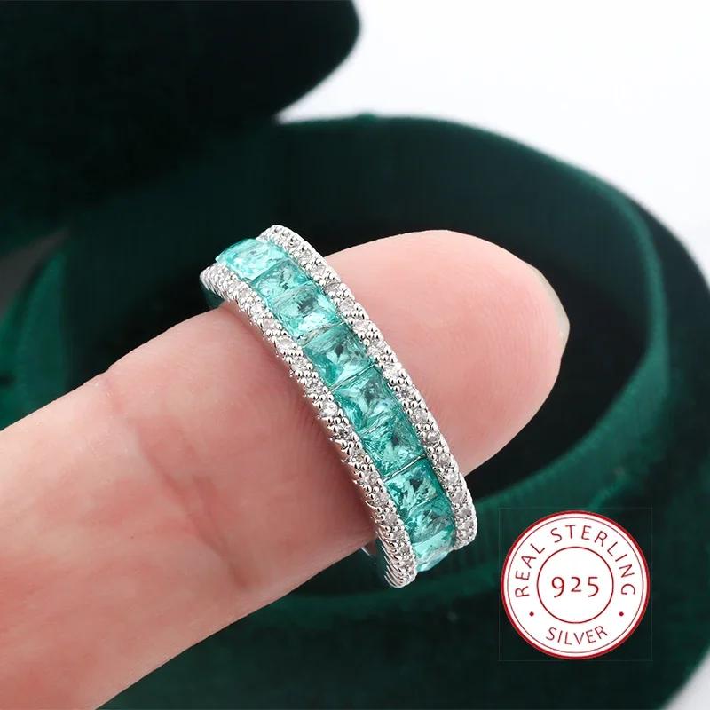925 Silver Plated Women's Fashion Single Row Diamond Ring Geometric Square Green Zircon Ring Jewelry Anniversary Gift