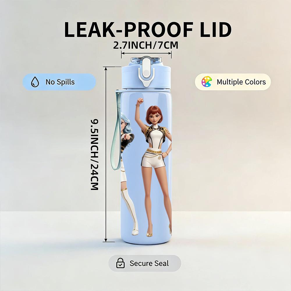 1PC Two Retro Outfit Ladies Posing 750ml Color Plastic Sports Water Bottle Leakproof Flip Straw Lid Suitable for Sports Office Home Use