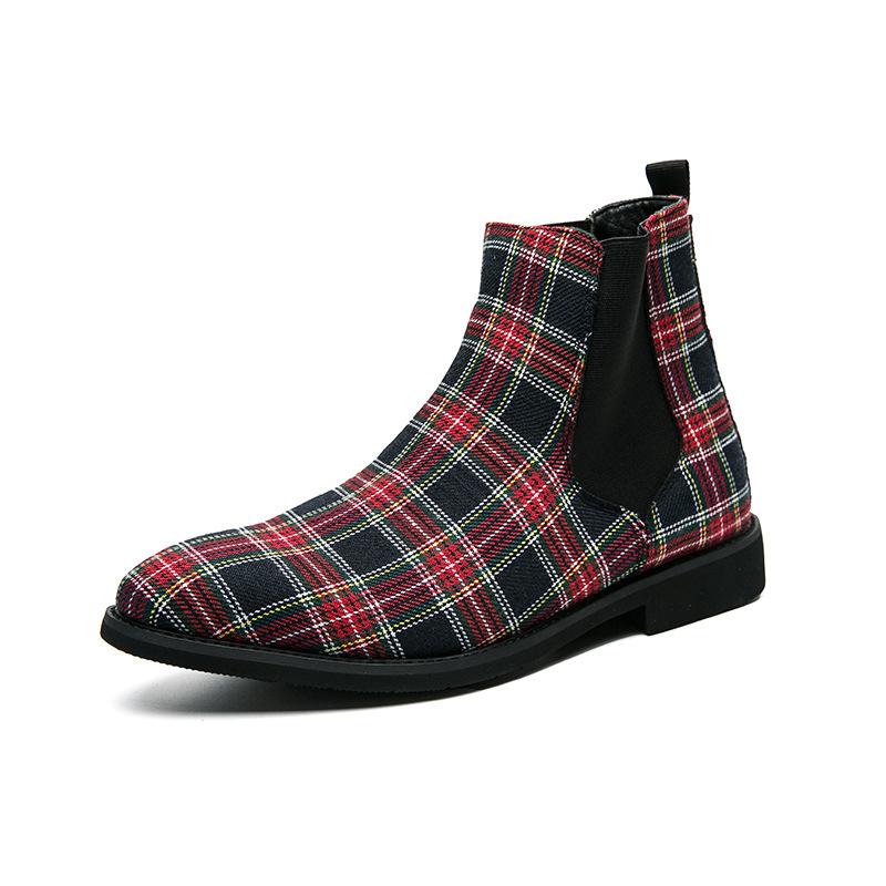 

High-top shoes 2025 large size autumn and winter plaid color matching Chelsea high-top flat leather shoes 40 красный