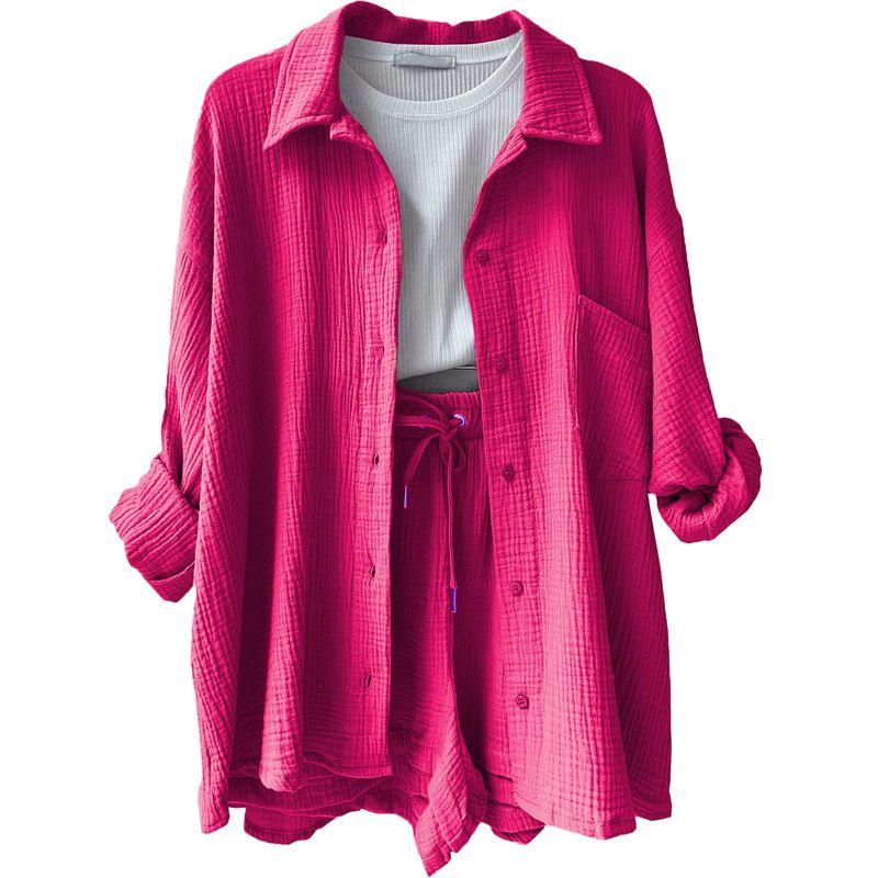 

Women s Clothing Fashion Style Street Fashion Champray Lapel Long Sleeve Shirt High Waist Drawstring Shorts Fashion Casual Set Rose Red 2XL