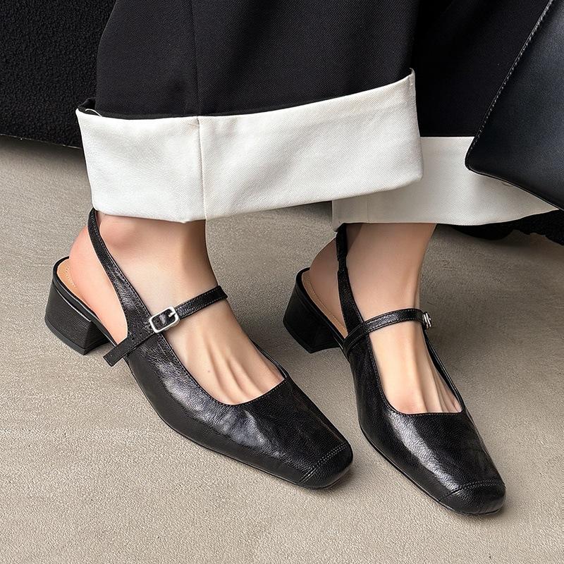 2025 new gentle shoes French bag head empty sandals Mary Jane small leather shoes thick heel versatile summer women's shoes