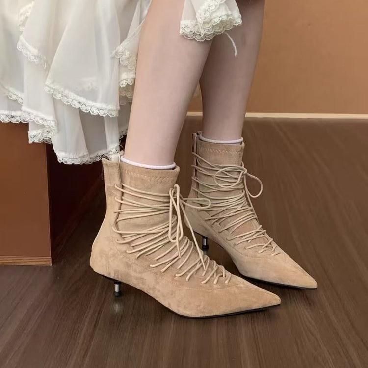 

High-heeled Ankle Boots for Women Autumn/winter New Design Sense, Cross-laced Back Zipper Slim Heels, Elegant and Slender Boots 40