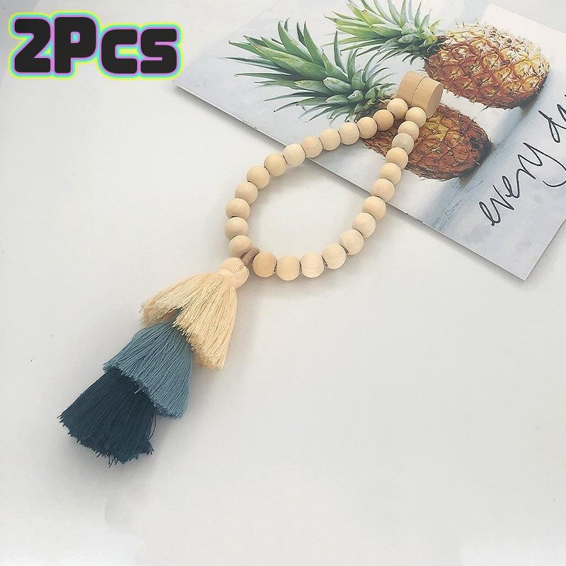 2Pcs Bohemian Curtain Clasp Wooden Bead Magnet Curtain Tie Backs With Tassel For Bedroom And Living Room Home Decoration
