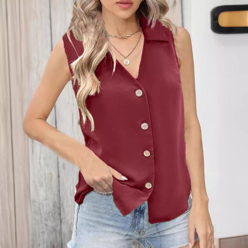 Women Summer New Style Solid Color V Neck Loose Chiffon Shirt Sleeveless Button Down Vest Blouse